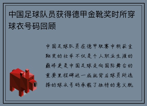 中国足球队员获得德甲金靴奖时所穿球衣号码回顾