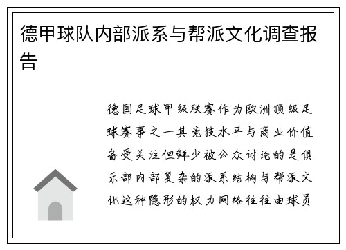 德甲球队内部派系与帮派文化调查报告